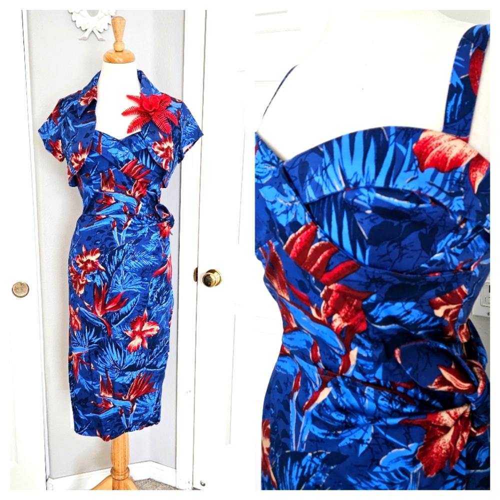 Pinup Girl Clothing Tropical Hawaiian Sarong Dress with Bolero | Pinup Couture